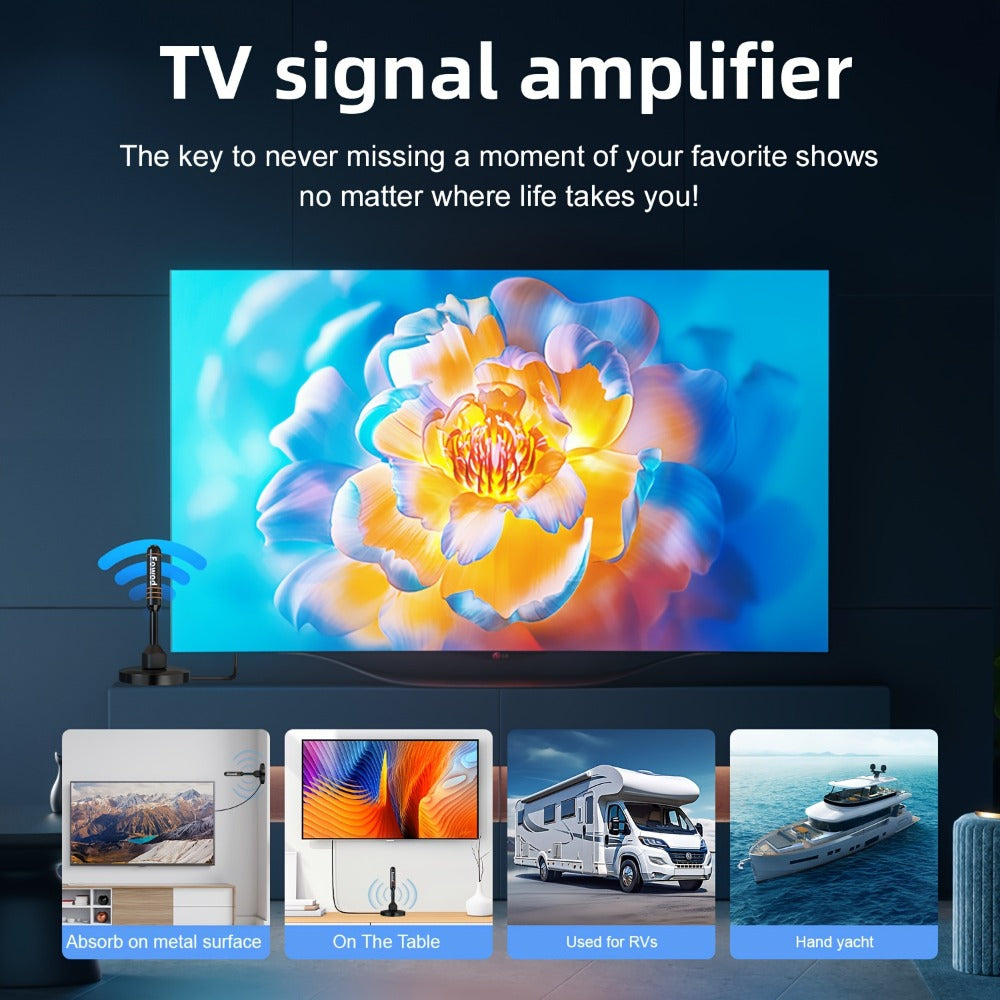 TV Antenna with 5.12-Inch Vertical Receiver, Separate Signal Amplifier, Coaxial Lead and Round Base