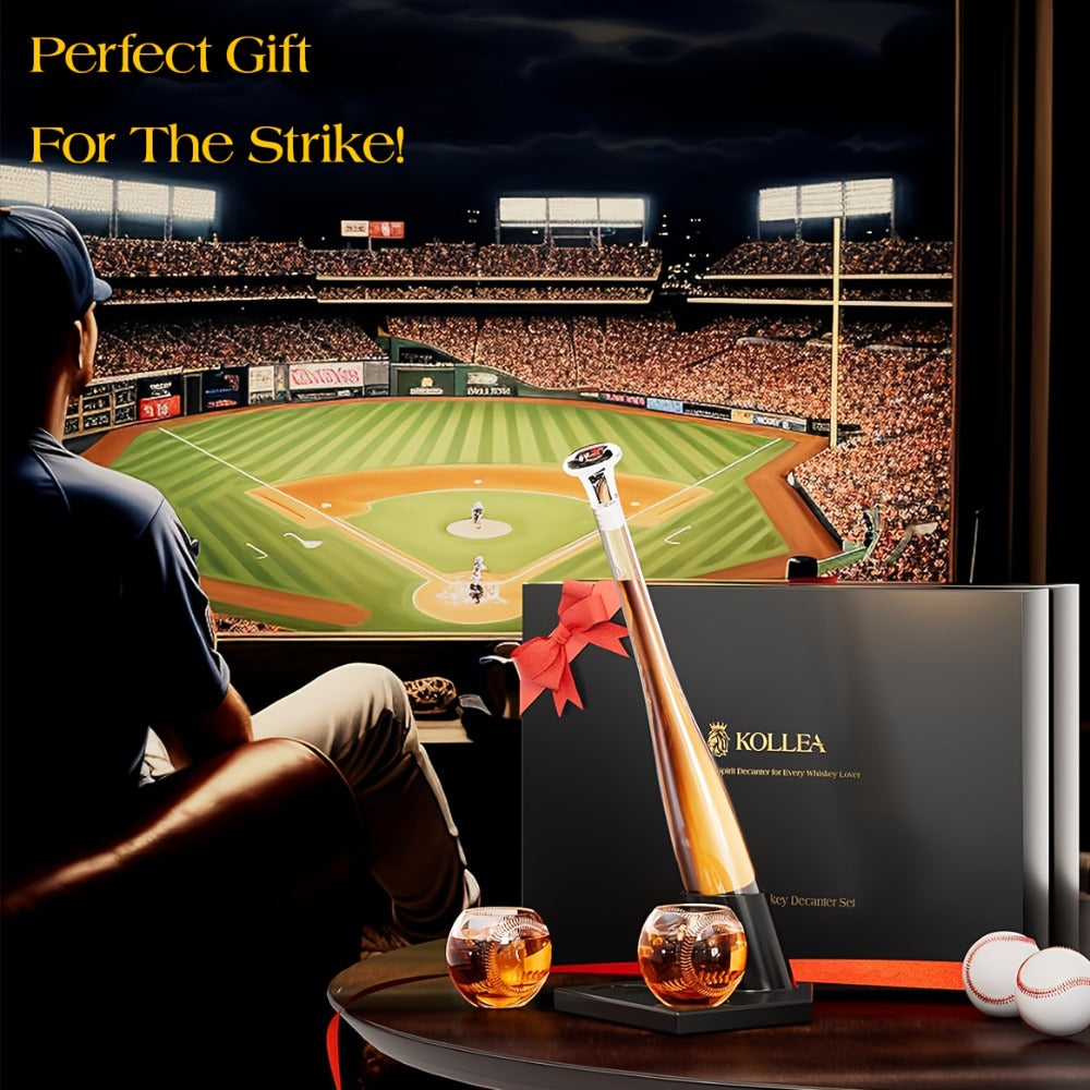 Baseball Bat Whiskey Decanter Set with 20.2 oz Bat-Shaped Bottle, Two 10.1 oz Baseball Glasses and Display Stand