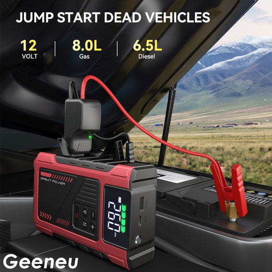 Portable Jump Starter 9-in-1 with Air Compressor – 12V Car Battery Booster for 8.0L Gas & 6.5L Diesel, USB-C, LED Emergency Light, Digital Display