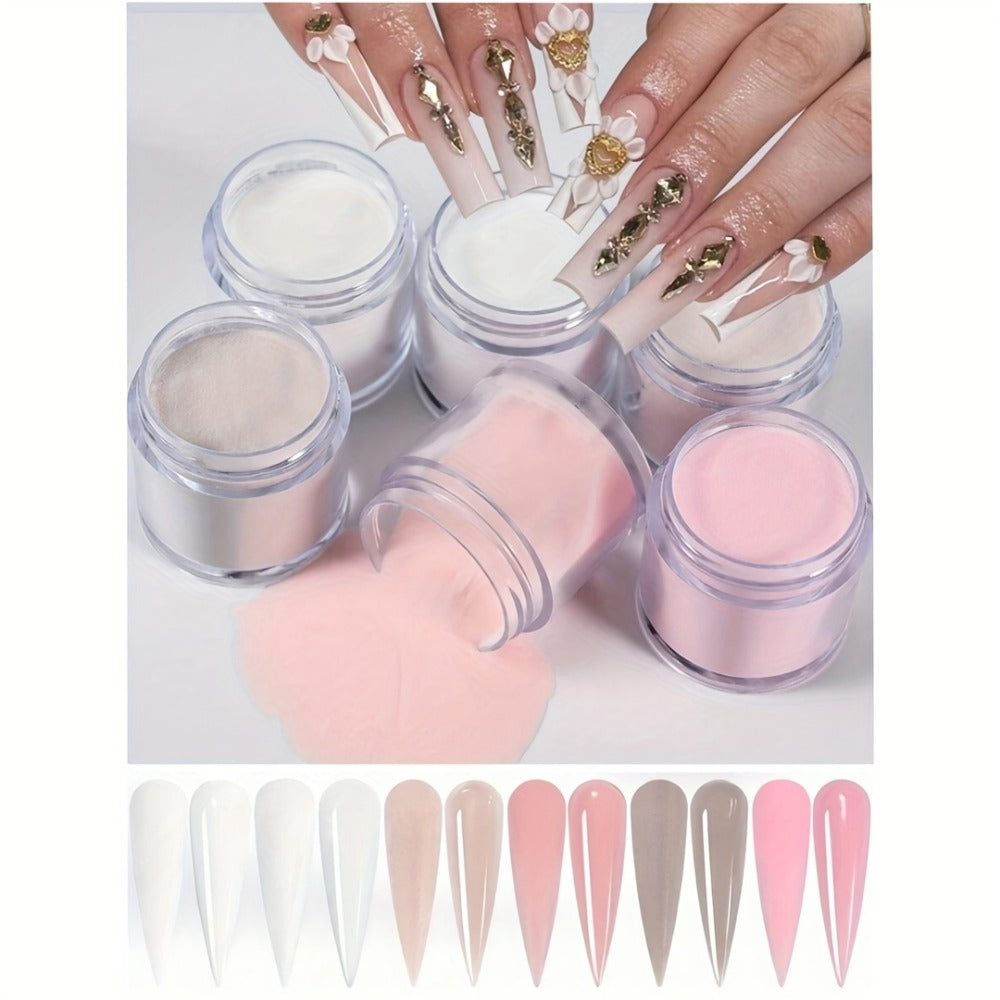 Six-Color Acrylic Nail Powder Set with Six 10g Jars in Light Nude, Pink and White Tones, Set 04