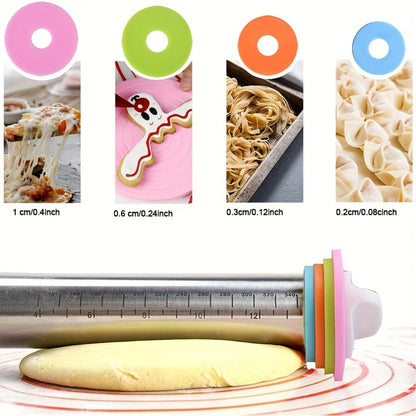 Stainless Steel Rolling Pin with Adjustable Thickness Rings for Pizza, Cookies, Dough and Pastry