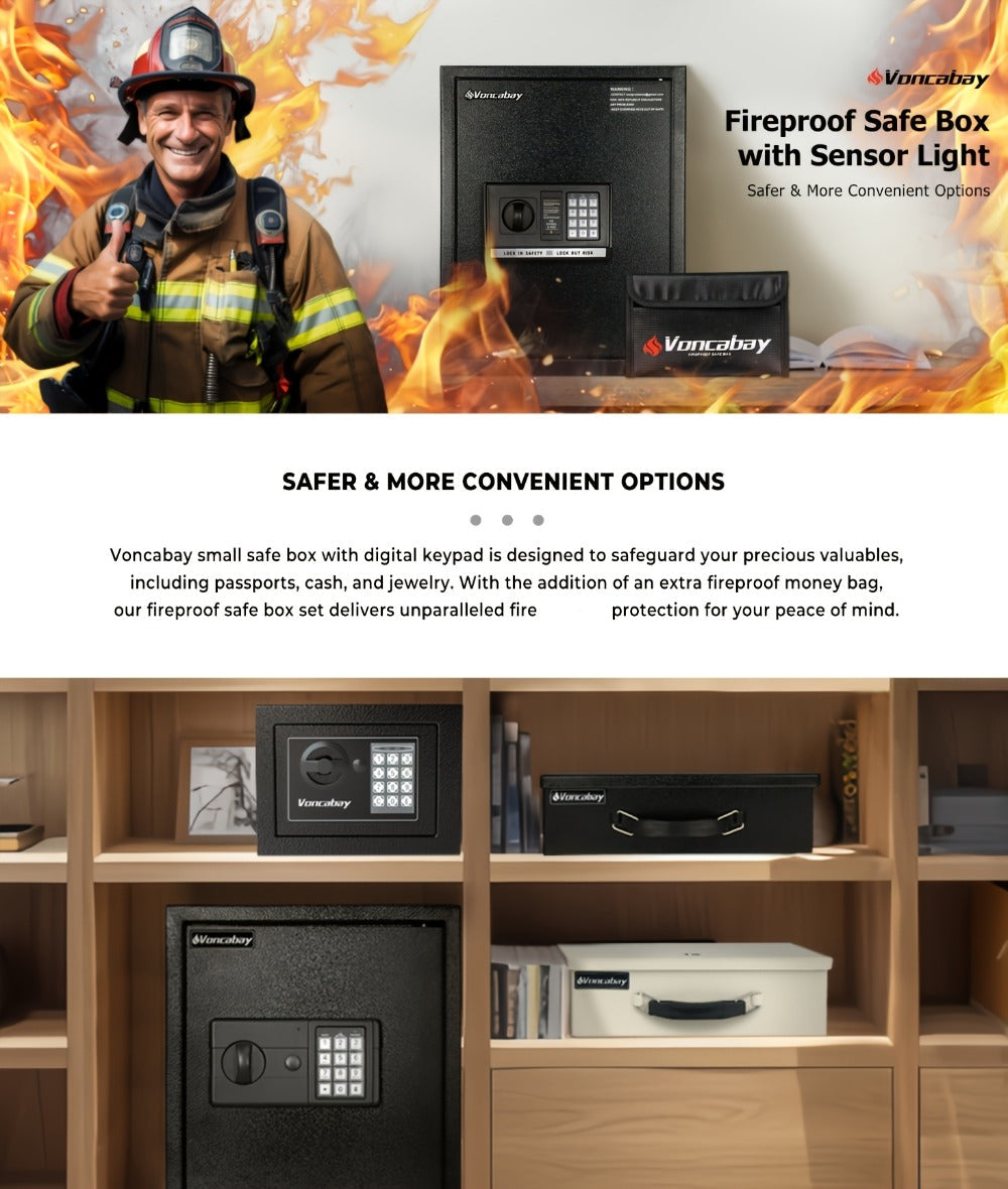 Home Security Safe Box with Sensor Light & Fireproof Bag – Digital Keypad Lock Box with Backup Keys for Cash, Jewelry & Valuables – Wall, Floor & Closet Mountable Safe (Multiple Sizes & Colors)
