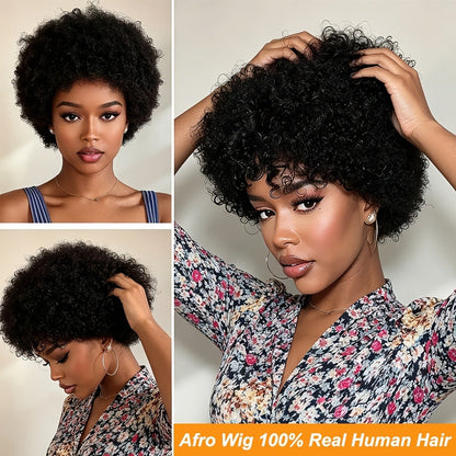 6-Inch Kinky Curly Afro Human Hair Wig with Glueless Cap and Deep Grey, Camel or Ginger Color