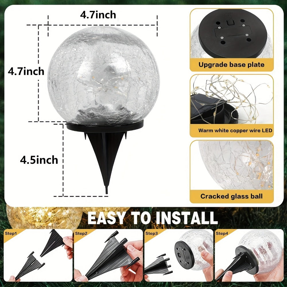 Solar Cracked-Glass Globe Garden Lights, Four-Piece Set in Warm White or Mixed Color Selections