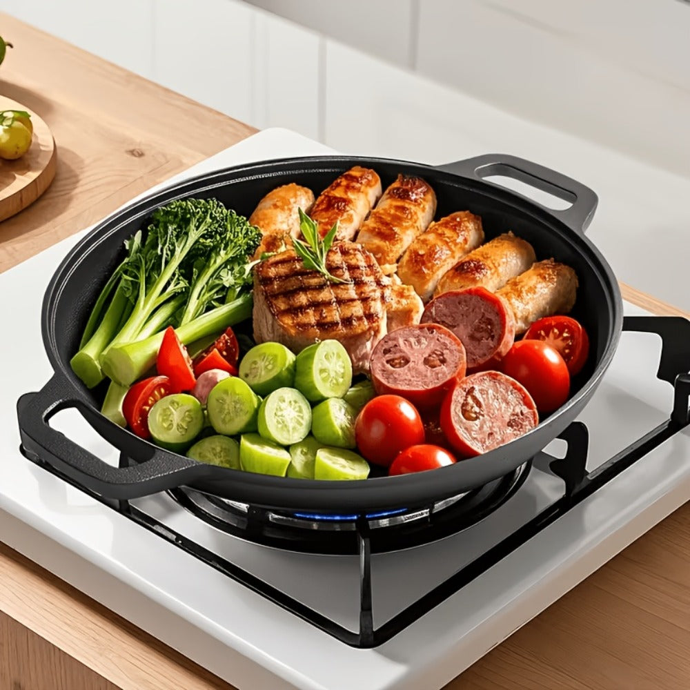 28cm Cast Iron Skillet with Dual Loop Handles and Broad Round Cooking Surface for Oven, Grill or Campfire Use