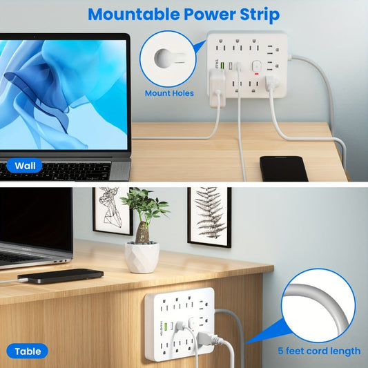 Power Strip 12-in-1 with 45-Degree Angled Plug, 9 AC Outlets, 3 USB-A Ports and 10-Foot Extension Cord