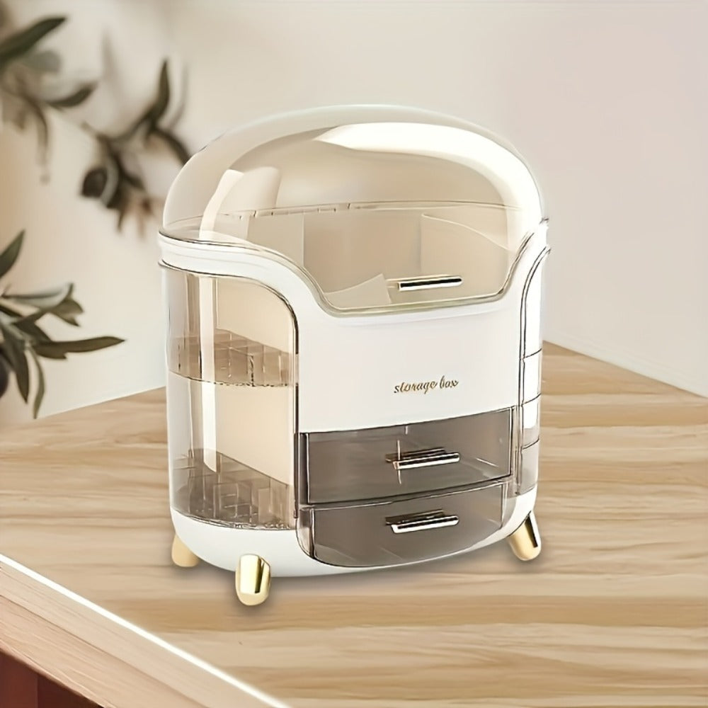 Covered Countertop Makeup Organizer with Transparent Display Top and Pull-Out Drawer in White or Green