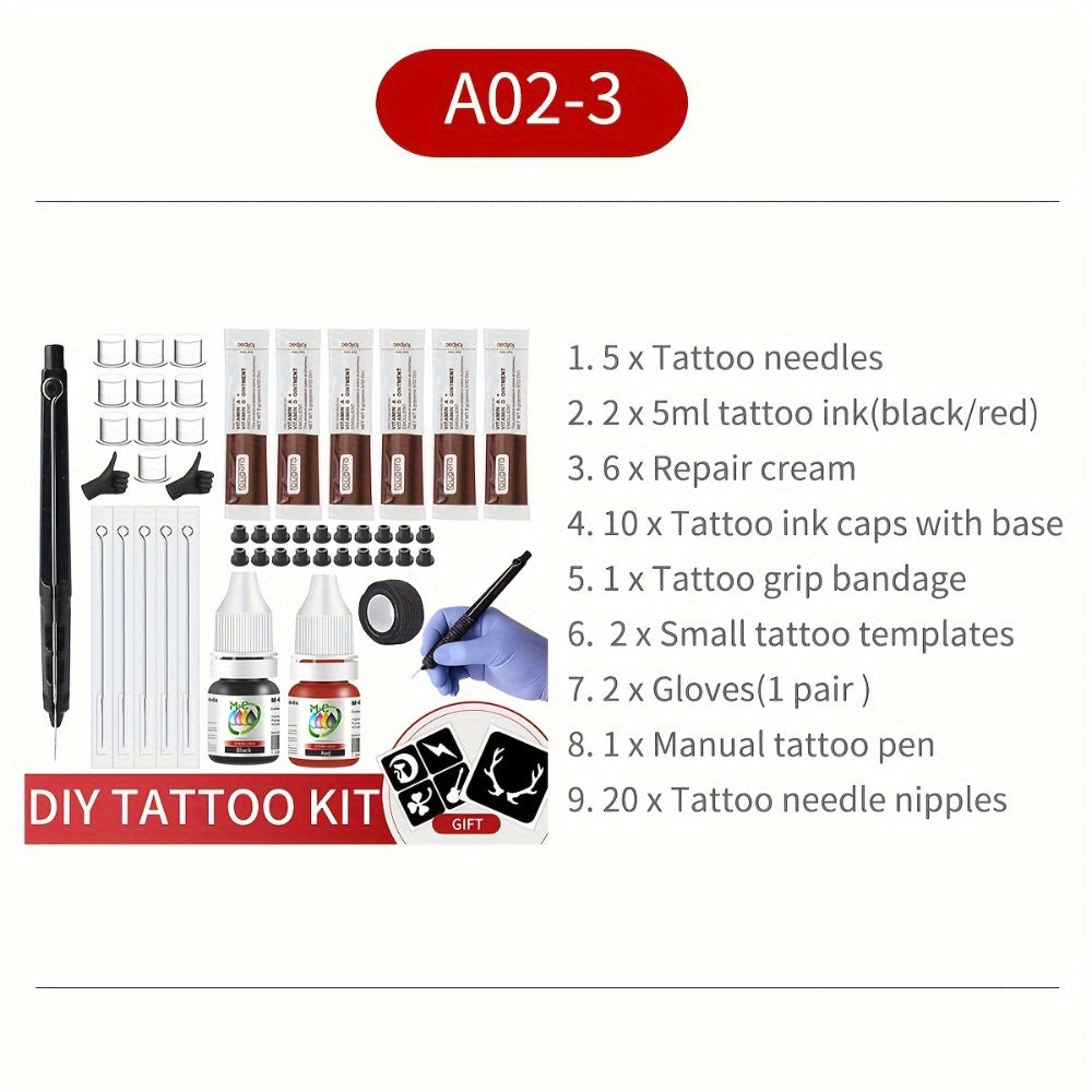 Manual Hand-Poke Tattoo Kit A02-3 with 14.3cm Pen Holder, Five Needles, Two Bottles and Transfer Accessories
