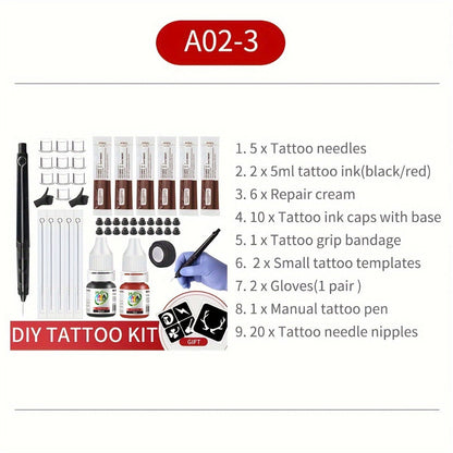 Manual Hand-Poke Tattoo Kit A02-3 with 14.3cm Pen Holder, Five Needles, Two Bottles and Transfer Accessories