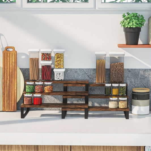 Expandable Spice Rack Organizer 3-Tier 2-Pack – Adjustable 13.8" to 26" Display Riser Stand for Kitchen Cabinet, Countertop & Pantry – Shelf for Spices, Liquor, Perfume, Makeup & Collectibles