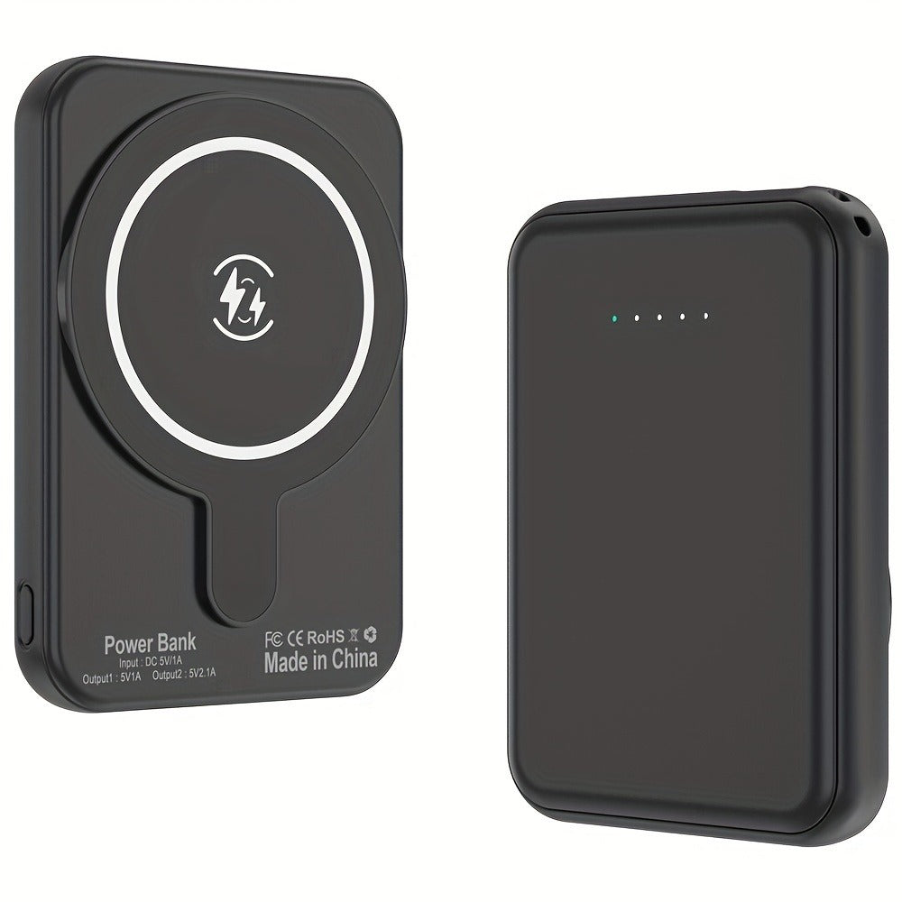10000mAh Magnetic Wireless Power Bank Mini Portable Charger – Fast Wireless & Wired Charging, Dual USB Ports, Compatible with iPhone 15/14/13/12 MagSafe & All Qi-Enabled Devices, Black/Pink