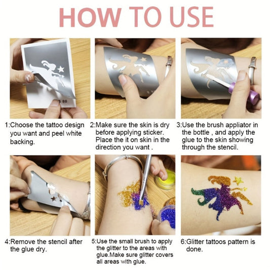 Glitter Tattoo Kit for Kids & Adults – 14 Stencil Sheets 6 Metallic Colors Skin-Safe Body Glue 2 Brushes Temporary Body Art Set for Birthday Parties Festivals Halloween Rave Costume Events