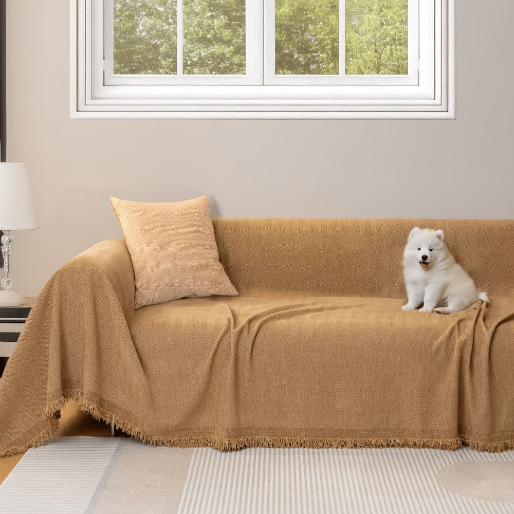 Sofa Cover Throw, Chenille Woven Fringe Slipcover in Three Colors for Three- and Four-Seat Couches