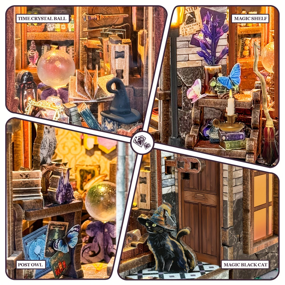 Time Magic Club SQ-71 Wooden Miniature Bookhouse Model Kit with Mechanical Link System for Ages 14+