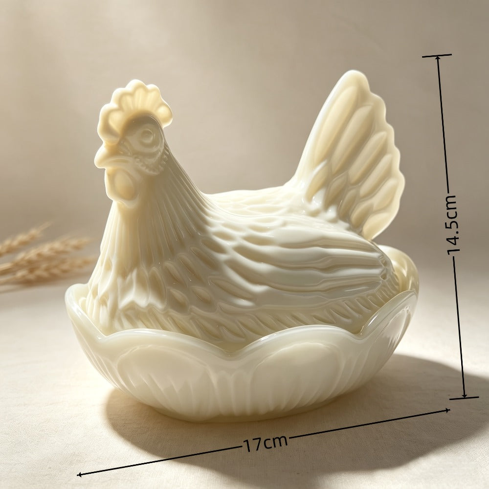 Two-Piece Glass Chicken Candy Jar and Lid Set with White Nesting Hen Design for Kitchen Display