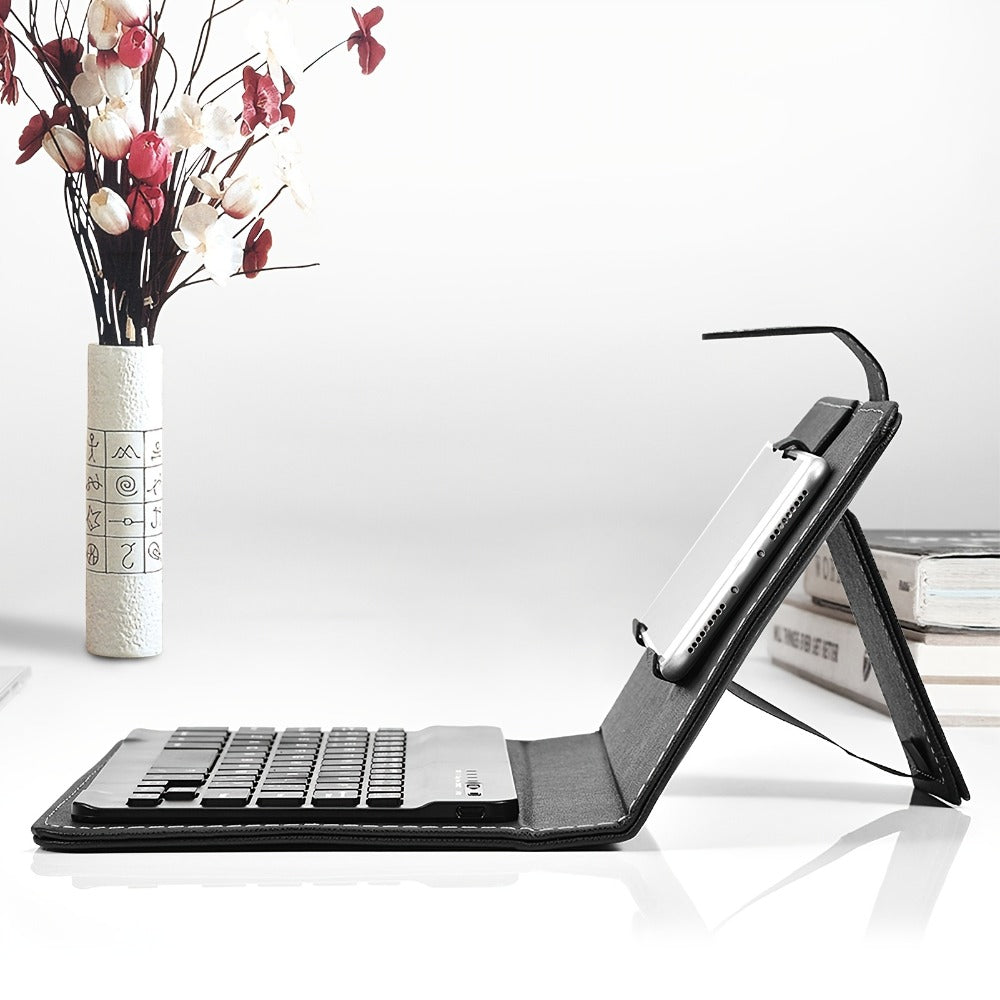 Collapsible Bluetooth Keyboard with Built-In Phone Stand – Wireless Portable Keyboard for Smartphones Tablets Laptops, Compatible with iOS Android Windows, PU Leather Case, Black Business Travel Keyboard