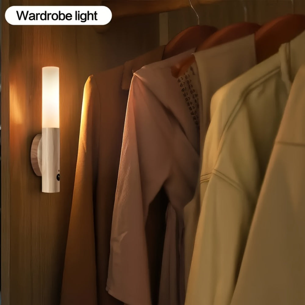 Motion Night Light Rechargeable LED – IPX4 Waterproof Wood Grain & Walnut Under Cabinet Step Lamp for Staircase, Hallway, Wardrobe, Closet & Indoor Walls (2 or 4 Pack)