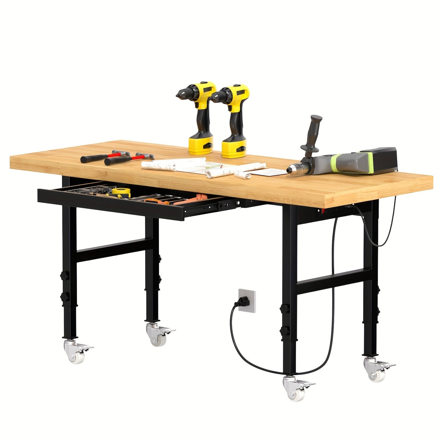 Garage Workbench Solid Wood Tool Desk with Drawers, Power Outlets & Swivel Casters, 48"/60"/70" Heavy-Duty Workshop Bench for Home Garage & Workshop