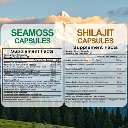 Sea Moss & Shilajit Capsules Bundle Set – Sports Nutrition Dual Formula for Energy, Bone Support, Relaxation & Focus – Super Golden Combination Daily Wellness Supplement for Men & Women