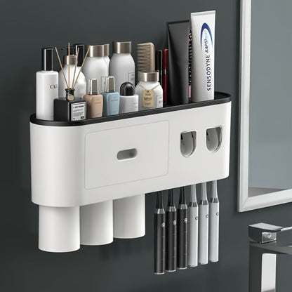 Wall-Mounted Toothbrush Organizer with Dispenser, Side Brush Stand and Two- or Three-Cup Options