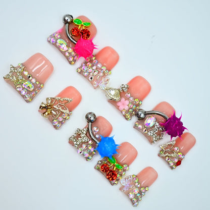 Press On Nails Handmade Y2K Duckbill Set with 3D Eye Barbell Star Rhinestone Charms and S M L Sizes