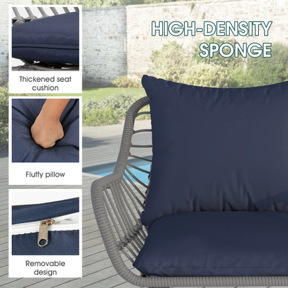 Five-Piece PE Rattan Patio Set with Two Chairs, Two Footstools, Round Glass Table and Gray-Blue Cushions