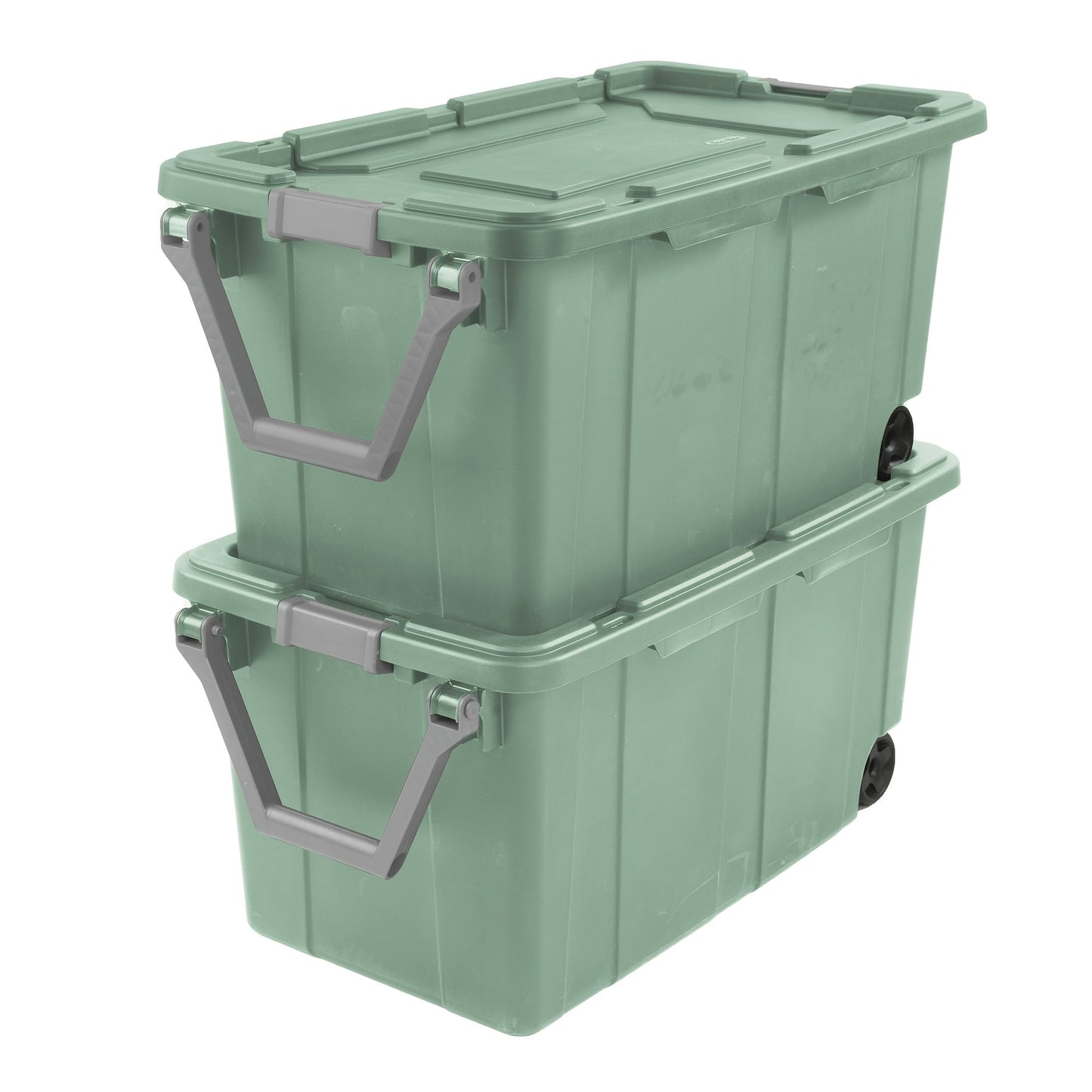 Two-Pack 40-Gallon Green Storage Bins with Latch Lids, Pull Handles and Rear Wheels for Bulk Organization
