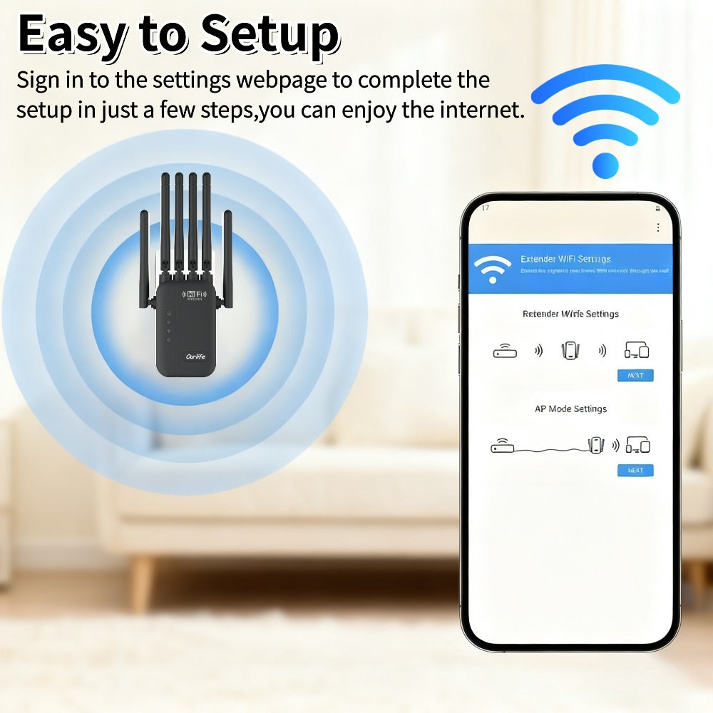 AC1200 WiFi Signal Booster 1200Mbps Dual Band 2-Pack – WiFi Extender Repeater 2.4GHz & 5GHz, Up to 10000 Sq Ft Whole Home Coverage, Wall Penetrating, Connects Multiple Devices (Black)
