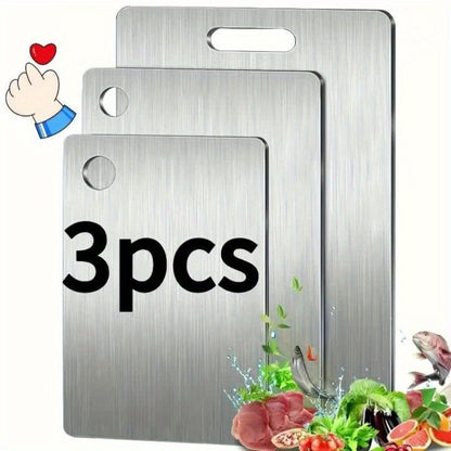 Cutting Board Three-Piece Stainless Steel Set with Rounded Corners, Carry Handles and Three Sizes