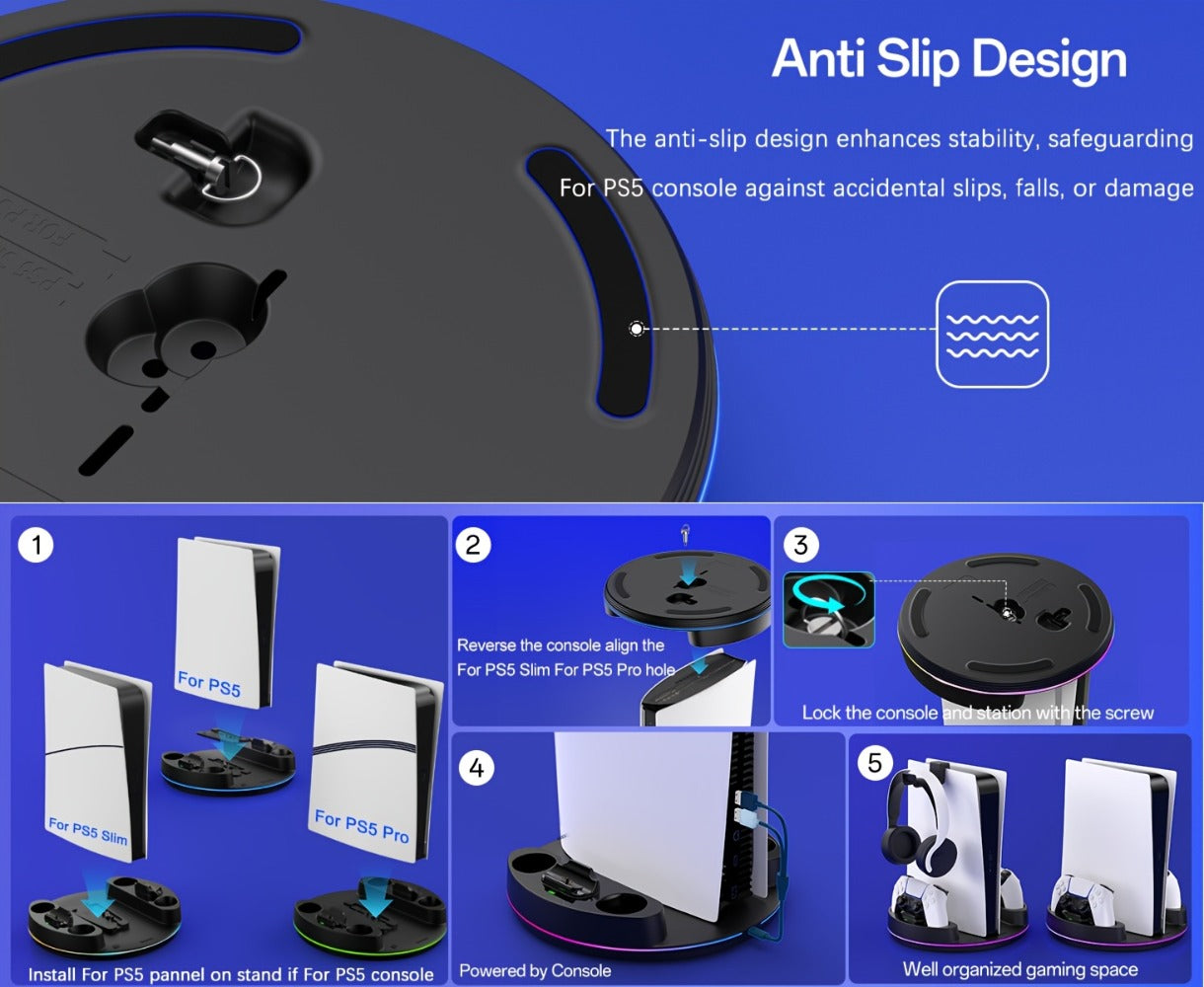 PS5 Charging Station with RGB Light Stand for PS5 Slim PS5 Pro - Fast Dual Controller Charger Compatible with All PlayStation 5 Console Models