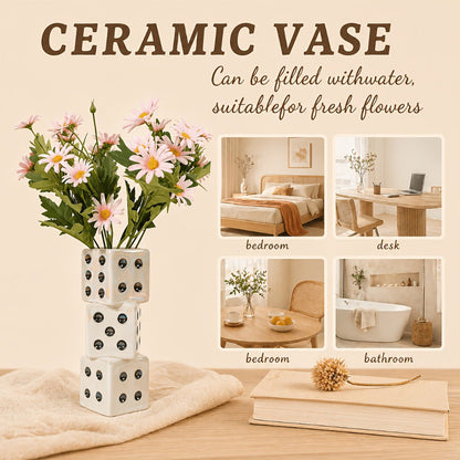 Ceramic Dice-Shaped Decorative Vase in White with Stacked Cube Form and Pips for Dried Flower Displays