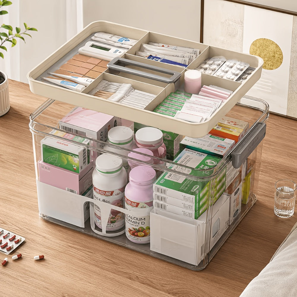 Transparent Medicine Storage Box with Carry Handle, Tiered Tray, 29 x 21 x 17 cm and Two Color Options