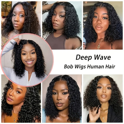 Lace Front Wig Deep-Wave Human Hair Bob, 12-Inch 1B or Natural Black with 4x4 Closure and 22.5-Inch Cap