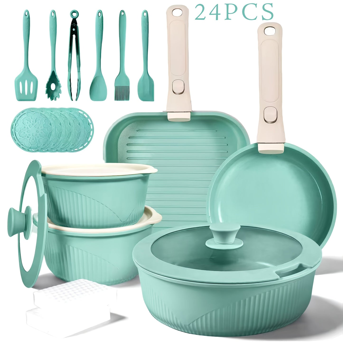 Detachable-Handle Cookware Set in 5-, 7- or 24-Piece Configurations with Stackable Pots, Pans and Lids