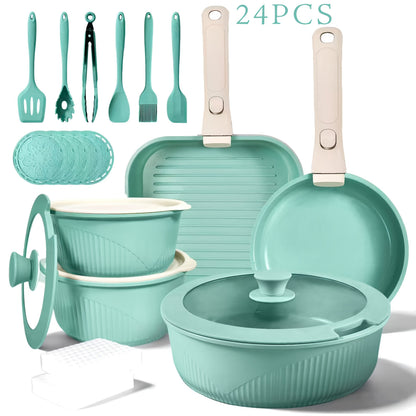 Detachable-Handle Cookware Set in 5-, 7- or 24-Piece Configurations with Stackable Pots, Pans and Lids