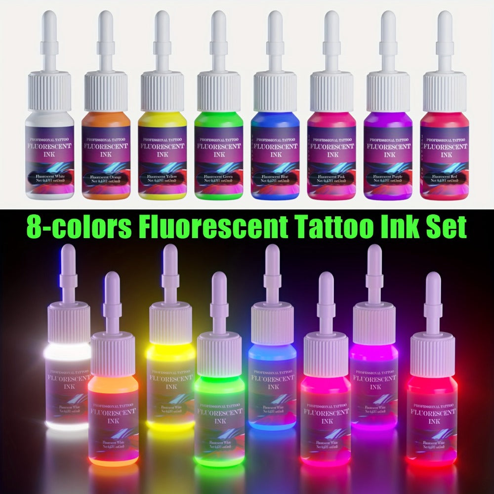 Tattoo Ink DMTATTOO UV Blacklight Set with Eight 5ml Bottles in White, Red, Orange, Green, Yellow, Purple, Blue and Pink