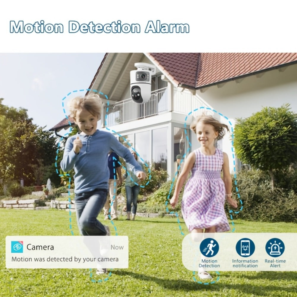 Dual Lens PTZ Outdoor Security Camera IP66 Weatherproof with Auto Tracking, Dual Screen, Night Vision, 2-Way Audio, Motion Detection & 2.4G WiFi – Wireless IP Cam for Home & Street Surveillance