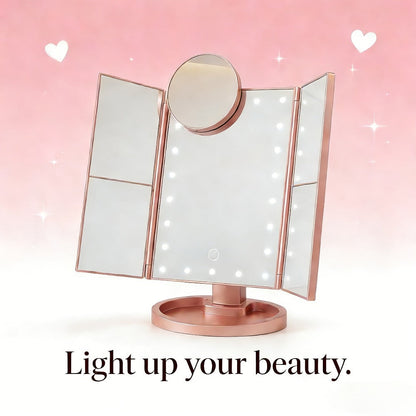 Vanity Mirror with Lights Tri-Fold 21 LED Lighted Makeup Mirror Touch Control 1X 2X 3X 10X Magnification 360 Rotation Dual Power Tabletop Trifold Mirror for Women Gift White Rose Gold