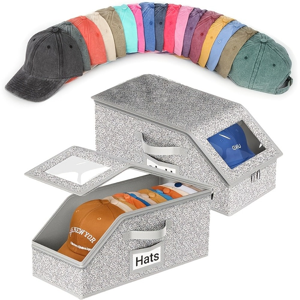 Baseball Cap Storage Box 2 Pack – Foldable Stackable Zippered Hat Organizer, Large Capacity Dustproof Closet Storage for Caps, Hats & Clothes, Durable Fabric