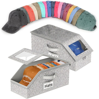 Baseball Cap Storage Box 2 Pack – Foldable Stackable Zippered Hat Organizer, Large Capacity Dustproof Closet Storage for Caps, Hats & Clothes, Durable Fabric