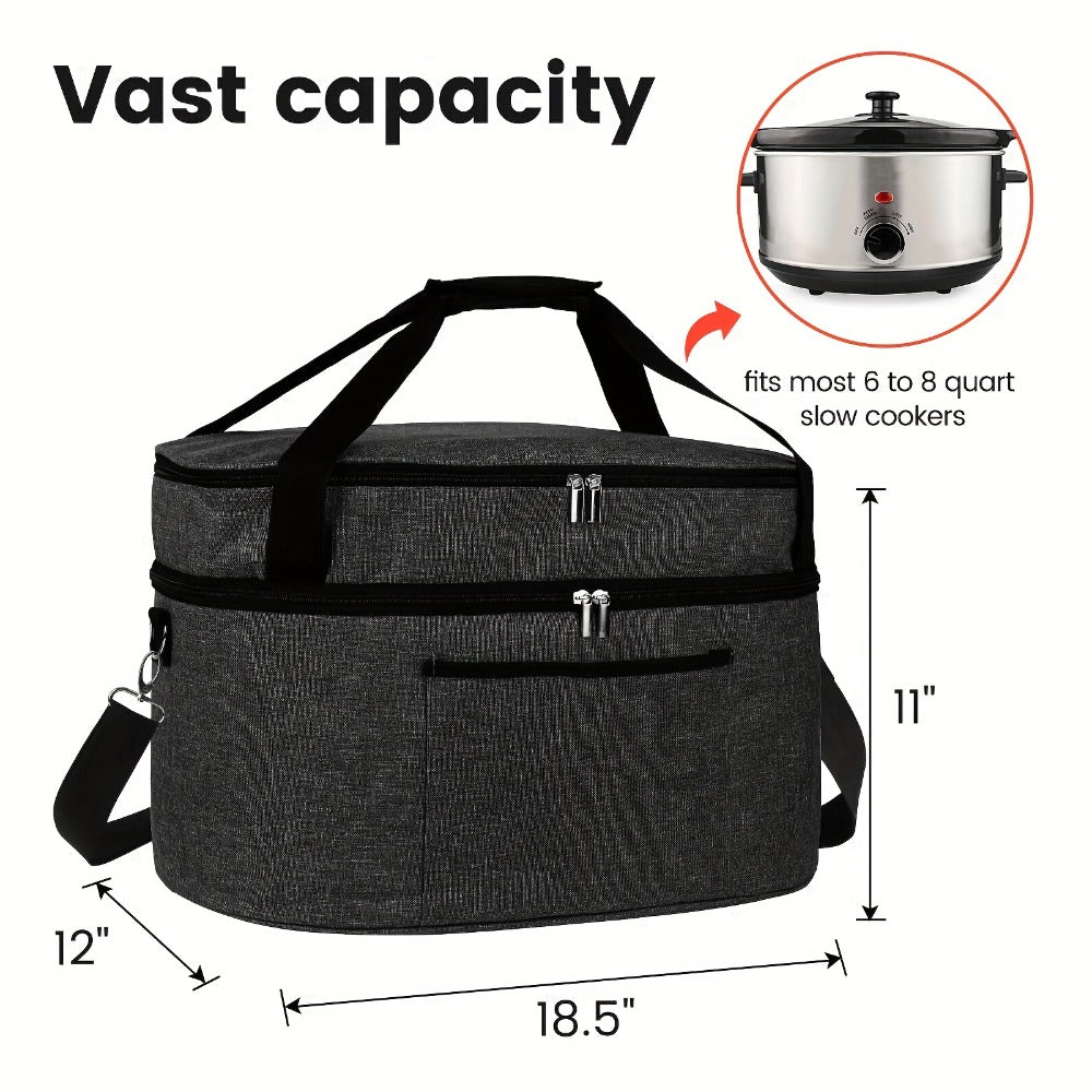 Two-Layer Slow Cooker Carrier Bag with Carry Handles, Front Pocket and Exact Black 18.5 by 12 by 11 Inch Option