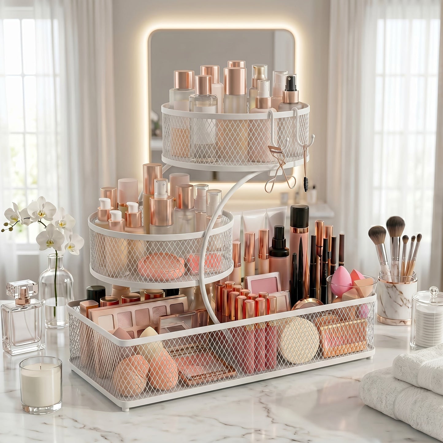 Bathroom Storage Rack 3-Tier Metal Countertop Organizer with Spray Bottle & Hooks – Rust-Resistant Diamond Mesh Shelf for Vanity, Skincare, Cosmetics & Toiletries