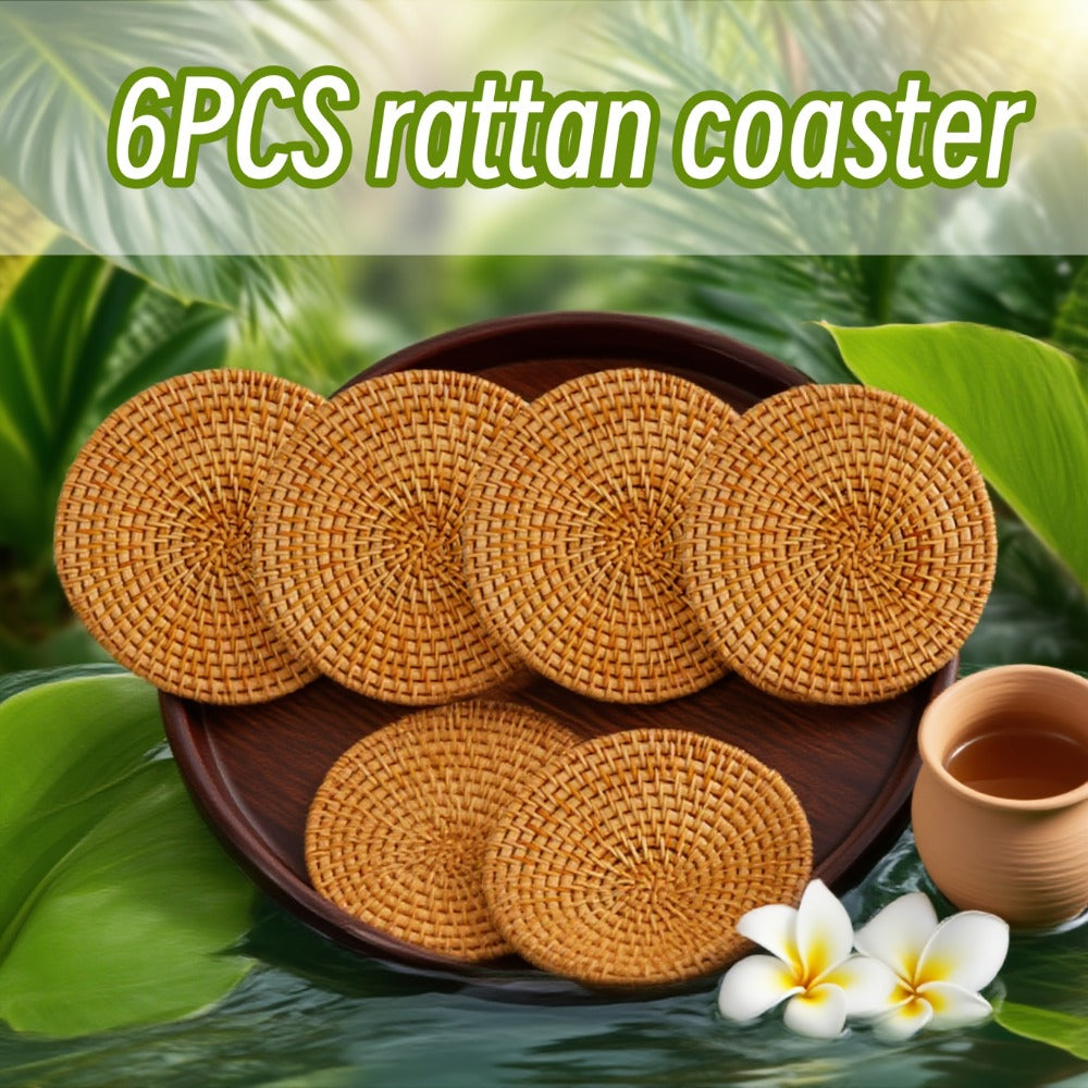 Six-Piece Round Rattan Woven Coaster Set, 3.93-Inch Drink Mats in Natural Khaki for Tabletop Display