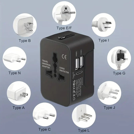Universal Travel Adapter with Surge Protection - 2 USB & Type-C Ports, All-in-One International Plug for 350+ Countries, 100-240V Input, Fast Charging, Compact Lightweight Design, White & Black