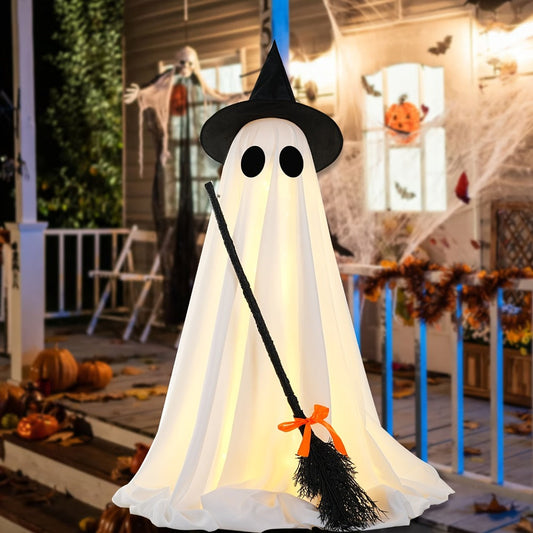 Halloween Ghost with Broom Outdoor Decoration – Eerie Spooky Ghost Ornament for Porch, Yard, Garden & Lawn, Indoor & Outdoor Halloween Party Decor