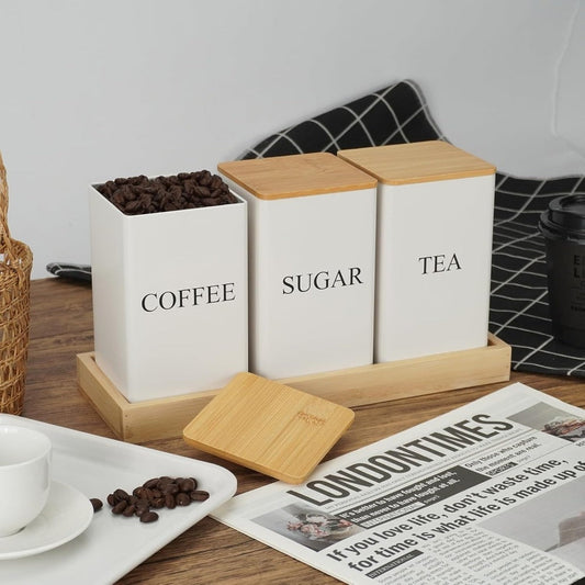 3-Piece Metal Kitchen Canister Set with Wooden Lids – Coffee Tea Sugar Storage Jars, Airtight Kitchen Organizer Tins, Black or White Home Decor Gift Set