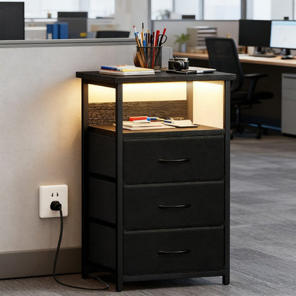 Nightstand Three Fabric Drawers with Charging Station, Open Shelf and Optional LED Configuration