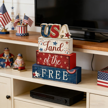 Land of the Free Patriotic Block Sign with Red, White and Blue Three-Tier Tabletop Shelf Design