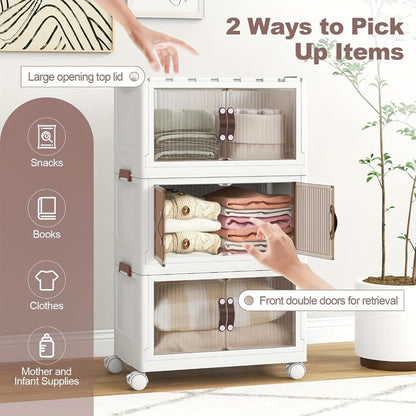 Stackable Storage Bins with Wheels & Drawers | Open Front Foldable Storage Organizer Bins for Home Bedroom Clothes Books Toys Holiday Christmas Gift Storage
