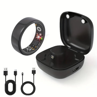 Smart Ring with Charging Case – Bluetooth 6.0 Fitness & Sleep Tracker, Steps, Calories, Remote Camera Control, iOS & Android Compatible, Sizes 7–13, Black Gold Silver